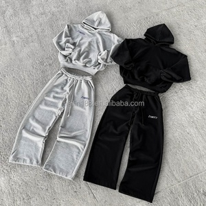 Heavyweight Cotton Loose Crop Hoodies Stacked Sweatpants Set Oversized Tracksuit Sweatsuit Custom Hoodie and Jogger Set - Product Image 1