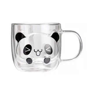 동물 만화 디자인 팬더 모양 더블 벽 유리 컵 팬더 더블 벽 안경 커피 차 우유