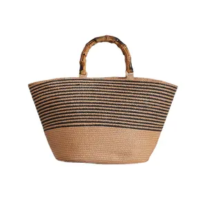 Bolso de mano de gran capacidad tejido a rayas informal con asa de bambú para mujer