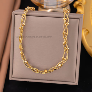 Juego de Joyería de Acero Inoxidable Hipoalergénico a Prueba de Agua, Collar y Pulsera con Cuentas Onduladas, Chapado en Oro de 18K, para Mujer, Venta al Por Mayor - Product Image 3