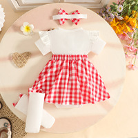 Ensemble de vêtements pour bébé fille nouveau-né, barboteuse à carreaux, chaussettes, bandeau, 3 pièces, tenue d'été pour fête d'anniversaire de bébé