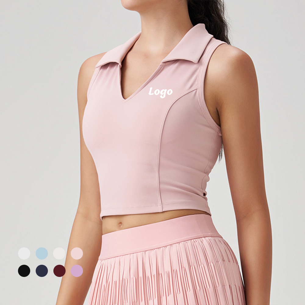 OEM Custom Women's Yoga Gym Tennis Quick Dry Sleeveless Racerback Crop Top Collared V-Neck Tank Tops with Built-in Fixed Pads