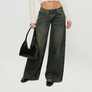 Jeans à jambes larges taille haute en denim vintage vert olive pour femmes, vêtements décontractés de rue - Product Image 2