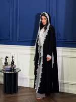 Abaya noire à capuche Hafizah avec dentelle blanche, robe musulmane de Dubaï, vente en gros, Kaftan Ramadan Aïd 2026, fournisseur d'usine, commande en gros