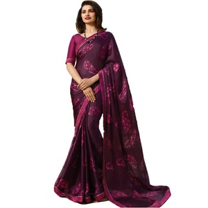Sexy Silk Sari Georgette Chiffon Fabric Indian Women Party Wear Wedding Lace Border Stone Work Modern Design Wholesale Saree - Product Image 1