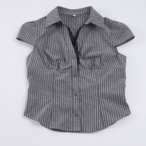 Blusa de Verano para Mujer, Estilo Vintage, Tejida con Encaje, a Rayas, Cuello en V, Manga Corta, con Lazos en la Cintura - Product Image 2