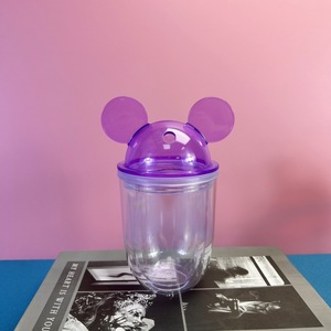 Mickey Mouse Ear Plastic Straw Cup Double Walled Transparent With Black Red Purple Lid For Students Back To School - Product Image 4