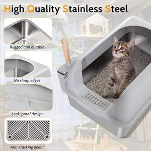 Boîte de <span class=keywords><strong>toilette</strong></span> <span class=keywords><strong>pour</strong></span> chat en acier inoxydable de grande taille semi-fermée et antidérapante avec couvercle haut et <span class=keywords><strong>marchepied</strong></span> et pelle vente en gros - Product Image 4