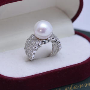Bague en argent S925 avec perle d'eau douce ronde blanche de 12-13 mm, forte luminosité, faibles défauts, zircon, bague ouverte, ensemble complet - Product Image 1