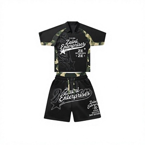 Custom 260 GSM Polyester Interlock T Shirt and <b>Short</b> Set Black <b>Camo</b> Panel Sublimation Logo OEM ODM - Product Image 1