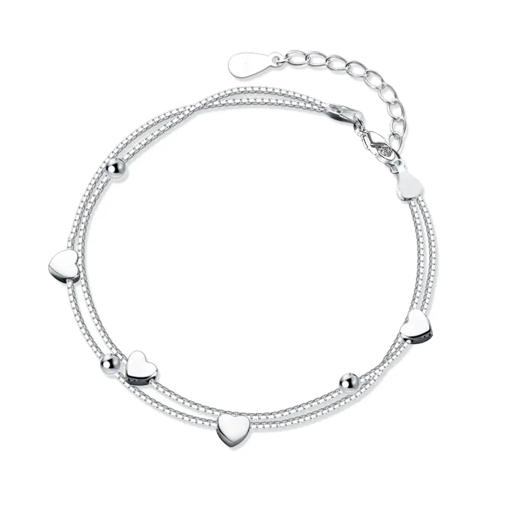 Pulseira de ouro com corrente de duas camadas para mulheres, joia de prata esterlina 925 100% com contas sólidas e coração, joia de um dólar