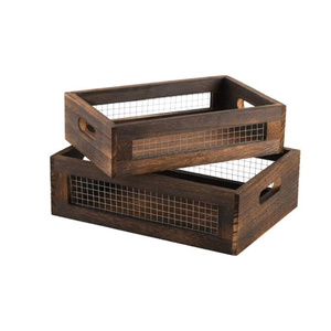 Decorative Wood Wire Containers with Handle Rustic Nesting Boxes Wooden Organizer Crate Basket