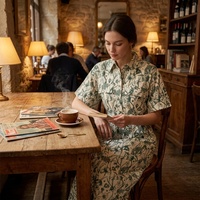 Robe chemise midi tissée à imprimé floral pour femme, manches courtes, taille nouée, col botanique vert, boutonnée sur le devant, décontractée et élégante pour l'été