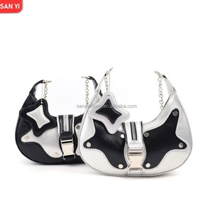 Stylish Punk Patchwork PU Leather Handbag Rivets Chains New Vintage Fashionable Underarm Shoulder <strong>Bag</strong> for Ladies Summer Winter - Product Image 2