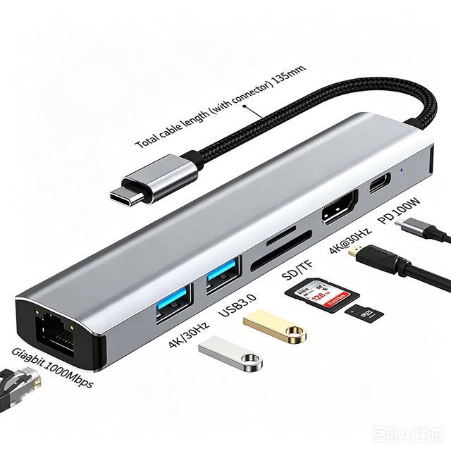 USB C HUB 7 in 1 USB C Adapter with 4K HDTV 100W PD+ USB C Port USB 3.0+RJ45 Ethernet+SD/TF Card Reader Docking Station