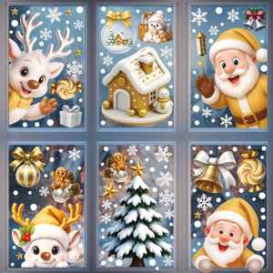 Autocollants de Noël statiques imperméables en PVC doré pour fenêtres, motifs Bonhomme de neige, Renne, Père Noël, flocons de neige et maisons enneigées - Product Image 4
