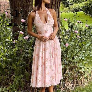 เดรสลำลองผ้าเรยอนวอยล์ลายดอกไม้คุณภาพสูงสำหรับผู้หญิงช่วงฤดูร้อน คอวีลึกแบบผูกคอ สั่งตัดได้ ผ้าเรยอน 100% - Product Image 1