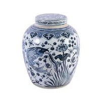 Pot à gingembre décoratif artisanal en porcelaine chinoise antique, peint à la main, motif poisson bleu et blanc, écologique et durable, pour table.
