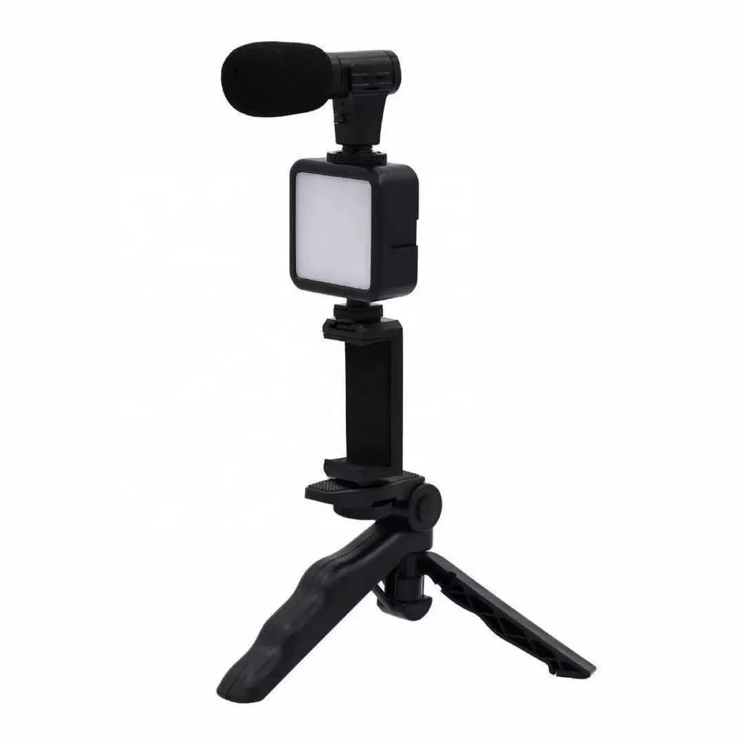 Kit lampu pembuatan Video LED dengan dudukan Tripod, mikrofon Cold Shoe, penjepit telepon genggam Remote untuk ponsel pintar