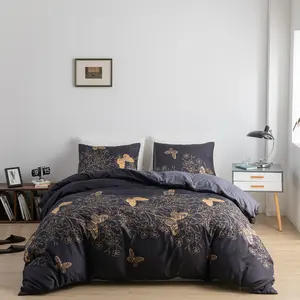 Châu Âu Và Mỹ Màu Đen Vàng Bướm Polyester In Ấn Nhà Dệt Bộ Đồ Giường Ba Mảnh Duvet Bao Gồm Bộ Giường