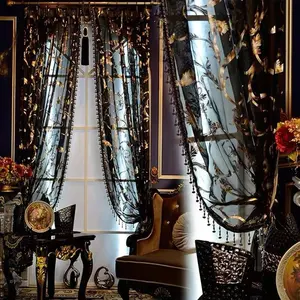 豪華なヨーロッパのメタリックプリントリビングルーム繊細なボイルシアーロッドポケットビーズカーテン