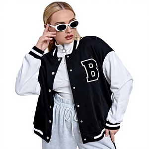 Veste universitaire vert menthe avec manches blanches et patch lettre S, fermeture avant, coupe classique, vêtements d'automne pour femmes - Product Image 3