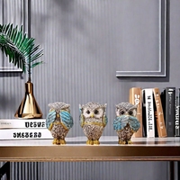 Nouvel ensemble de 3 ornements populaires Art Déco en forme de hibou, statues d'animaux gravées en résine pour salon et anniversaire