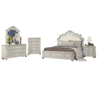 Ensemble de meubles de chambre à coucher en bois massif brun antique, lit Queen Size sculpté orné, commode à 5+ tiroirs, table de chevet, coffre, style américain classique
