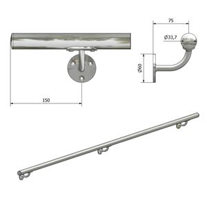 Pasamanos de Pared de Ø 33,7 Inox AISI 304 Acabado Satinado Tipo 1 con 6 Soportes 5,50 M de Longitud para Barandillas Balcones Escaleras - Product Image 2