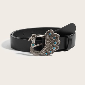 <span class=keywords><strong>Ceinture</strong></span> vintage pour femmes en PU noir avec boucle en alliage argenté antique incrustée de strass bleus - Product Image 1