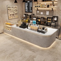 Meja Bar Kombinasi Kayu dan Batu Bergaya Rustic Modern dengan Lampu LED Ambient untuk Konter Resepsionis Kedai Kopi, Kue, Roti, dan Bakery