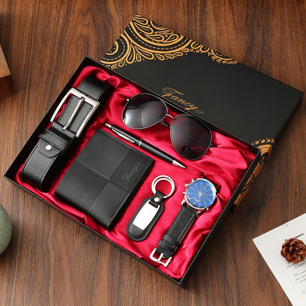 m2808 nero - Set da 6 pezzi: portafoglio, orologio, portachiavi, penna, occhiali da sole