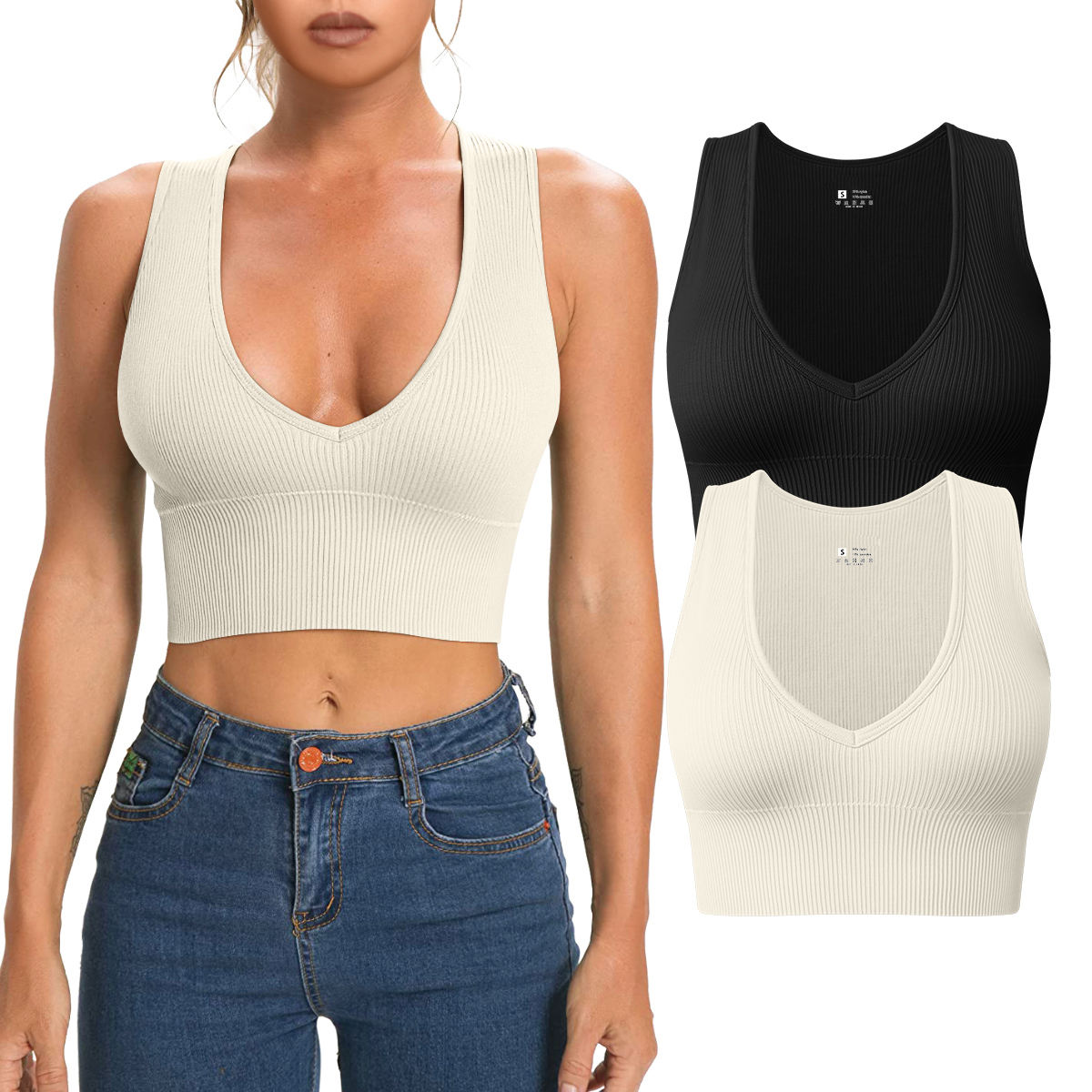 Hot Selling Women's Sexy Deep V-Neck Sports Vest Breathable Lightweight Plus Size Spandex/Nylon Four-Way Stretch Skinny Fit Tops