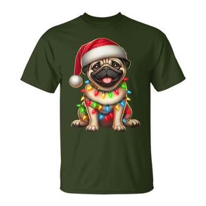 Camiseta con diseño de perro pug, luces navideñas y gorro de Papá Noel, regalo para amantes de los perros - Product Image 1