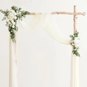 ม่านฉากหลังผ้าไหมทรงโค้งสำหรับงานแต่งงาน,ผ้าม่านฉากหลังสีขาวดอกไม้2ชิ้นพร้อมม่านแขวนสีขาว2ชิ้นสำหรับงานแต่งงานงานปาร์ตี้