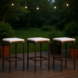 Tabourets de bar en rotin marron à 4 pieds avec repose-pieds standard, mobilier de bar contemporain et moderne pour usage extérieur - Product Image 2