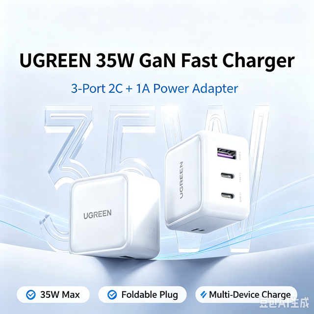 UGREEN 35W GaN Fast Charger 3-Port 2Type-C+USB-A PD Power Adapter Foldable Plug Multi-Device Guangdong iPhone 16 for