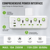 Kabel Ekstensi Stop Kontak Universal 3 Lubang dengan 2 Port USB Tipe C, Distributor Daya Cerdas untuk Belajar, Colokan Kustom