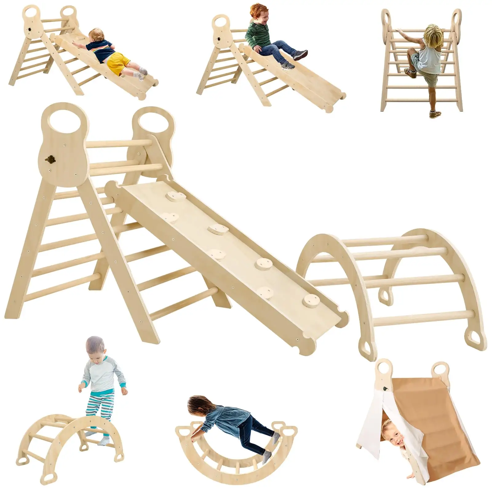 Jouets d'escalade pliables pour tout-petits avec rampe coulissante et rampe d'arc d'escalade, ensemble de triangle, ensemble d'escalade Montessori en bois avec tente