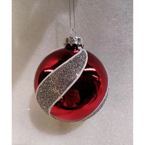 BOLA DE VIDRIO ROJA CON BANDAS PLATEADAS, DIAM. 8 cm - Product Image 1
