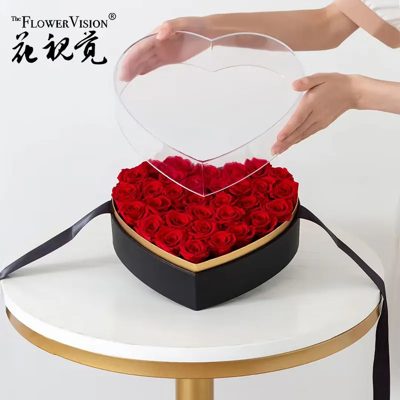 New design Luxury Clear Acrylic Box 10.2''*9.4"*5.1" Heart shaped paper box flowers florist packaging boxes for rose
