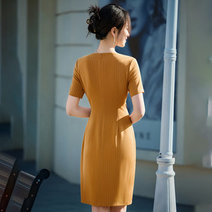 High Waist O-Neck Stripe Bodycon Dress Pumpkin Color With Belt Office Casual Women's Dress - Product Image 4
