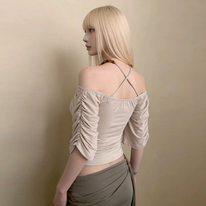 Haut élégant à manches chauve-souris perlées, épaules dénudées et froncé, pour femme - Product Image 5