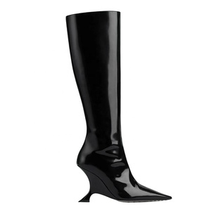 Silver Patent Women Knee High Boots Thin Heel Strange Wedges Shoes Pointed Toe on Women's Stage <b>Long</b> Booties - Product Image 5