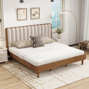 King Size Solid Wood <b>Bed</b> with Piano Key Upholstered Headboard Durable <b>Pine</b> <b>Frame</b> Wheat Finish Modern Bedroom Furniture - Product Image 1