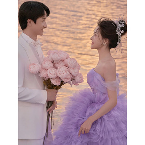 Purple Strapless Tulle Ball Gown Natural Waistline Wedding Dress For Photoshoot - Product Image 5