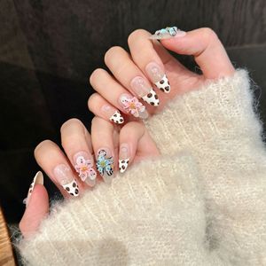 Faux ongles à presser faits <span class=keywords><strong>main</strong></span> en gros, forme amande moyenne, base nude transparente, pointes blanches à motif léopard, fleur 3D - Product Image 2