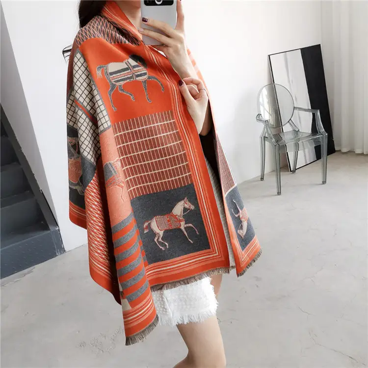 Hot Sale Style Winter Fashion Designer Women Horse Jacquard Scarf Pashmina Cashmere Warm Thick Shawls Scarfs