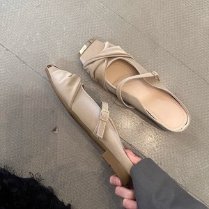 Mules à bout carré en métal pour femme, collection Printemps 2026, chaussures plates Mary Jane en cuir souple à enfiler avec bride unique - Product Image 1