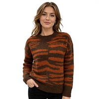 Pull en tricot à col rond pour femme, à manches longues, à motifs jacquard léopard rayé, décontracté pour l'hiver